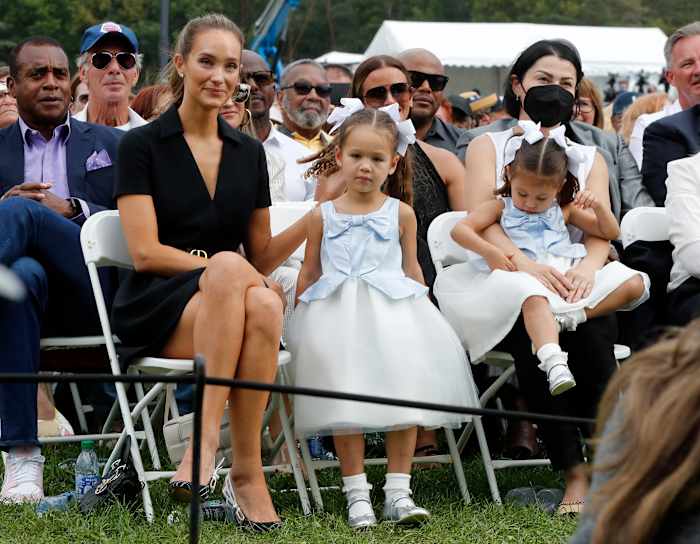 Hannah Jeter attends the Baseball Hall of Fame induction ceremony with their children Bella and Story at Clark Sports Center on September 08, 2021 in Cooperstown, New York. 